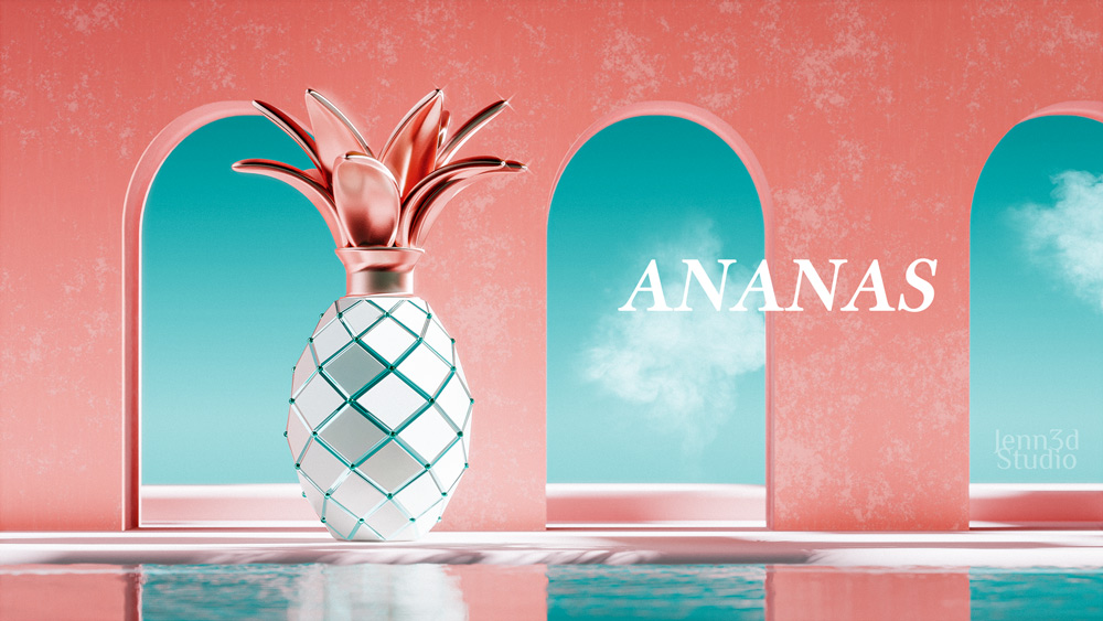 rendu et mise en scène d'un flacon de parfum ananas