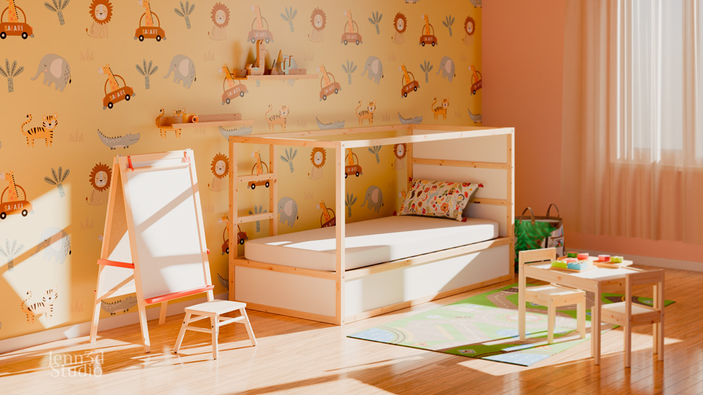 Rendu 3d d'une chambre d'enfant meublée IKEA